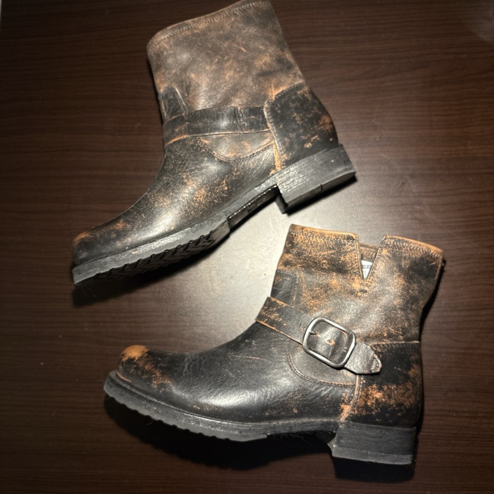 Frye Veronica Distressed Black/Brown Leather Buckle Ankle Boots